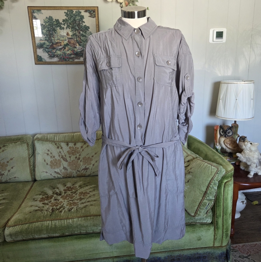 LOFT Gray Shirt Dress with Tie Waist